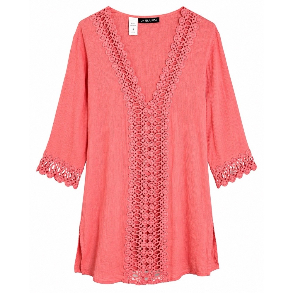 La Blanca Cover Up Tunic‎ M Coral Coastal Chic Resortwear Crochet Beachcore